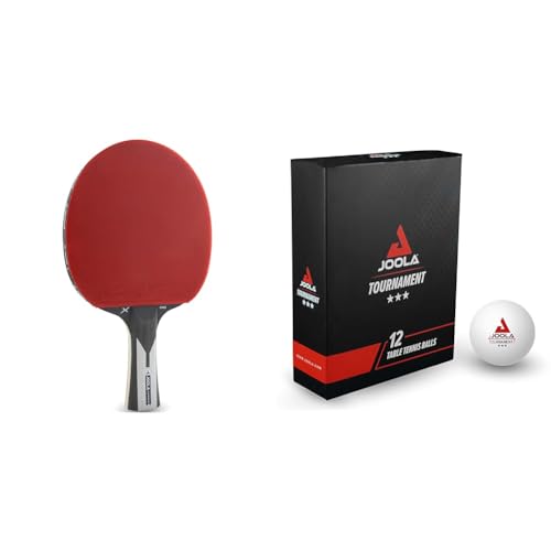 JOOLA 54206 Tischtennisschläger Carbon X Pro ITTF genehmigter Profi 7 Sterne, 2 MM, Schwarz/Grau & Tischtennisbälle Tournament 3-Stern Selektierte 40+mm Durchmesser Premium Weiss, 12 Stück von JOOLA