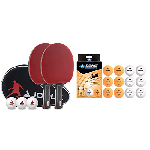 JOOLA Tischtennis Set Duo PRO 2 Tischtennisschläger + 3 Tischtennisbälle + Tischtennishülle, rot/schwarz, 6 teilig & Schildkröt 618045 Unisex – Erwachsene Donic Tischtennisball Jade, 6xweiß/6X orange von JOOLA