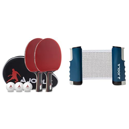 JOOLA Tischtennis Set Duo PRO 2 Tischtennisschläger + 3 Tischtennisbälle + Tischtennishülle & ausziehbares tragbares Tischtennisnetz Connect, Set – Spielen Sie Tischtennis überall, blau, M von JOOLA