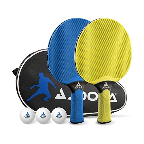 JOOLA Tischtennis Set Vivid Outdoor 2 Tischtennisschläger + 3 Tischtennisbälle + Tischtennishülle, Lime/blau, 6-teilig von JOOLA