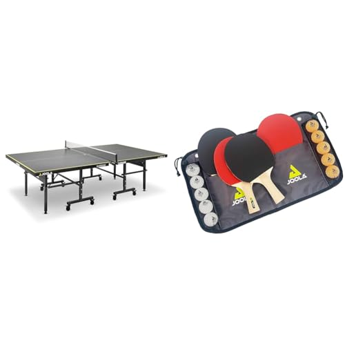 JOOLA Tischtennisplatte Inside J18 Tischtennistisch Indoor klappbares Untergestell & Tischtennis-Set Family, 4 Tischtennisschläger + 10 Tischtennisbälle + Tasche, ca. B 30 x H 8 x T 35 cm von JOOLA