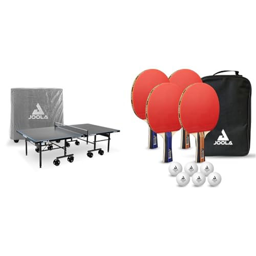JOOLA Tischtennisplatte Outdoor Aluminium PRO Wetterfest mit Tisch Abdeckung & Tischtennisset Family Advanced, 4 Tischtennisschläger + 6 Tischtennisbälle 3Star + Tragetasche, Advanced Level, 28x18x8cm von JOOLA