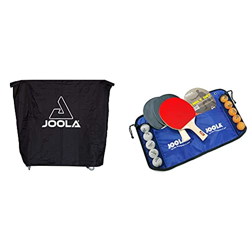 JOOLA Tischtennistisch Abdeckung Tischabdeckung Wetterfeste Schutzhülle Outdoor und Indoor, Schwarz, 150 x 160 x 50-80 & Tischtennis-Set Family, 4 Tischtennisschläger + 10 Tischtennisbälle + Tasche von JOOLA