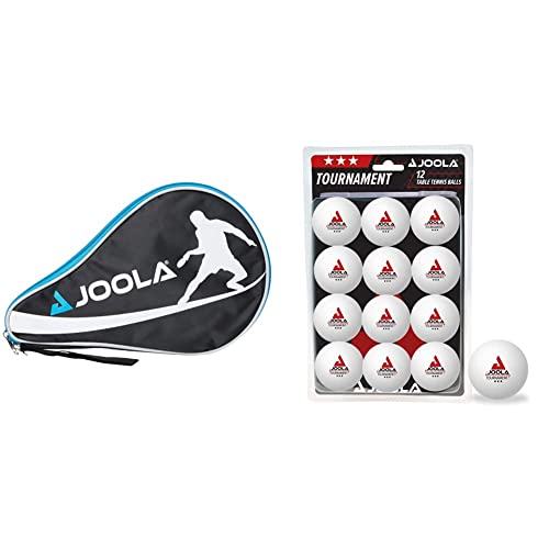 JOOLA Unisex – Erwachsene TT-Hülle Pocket Schlägerhülle, Blue & Tischtennisbälle Tournament 3-Stern Selektierte 40+mm Durchmesser Premium Tischtennis Trainings Bälle Weiss, 12 Stück von JOOLA