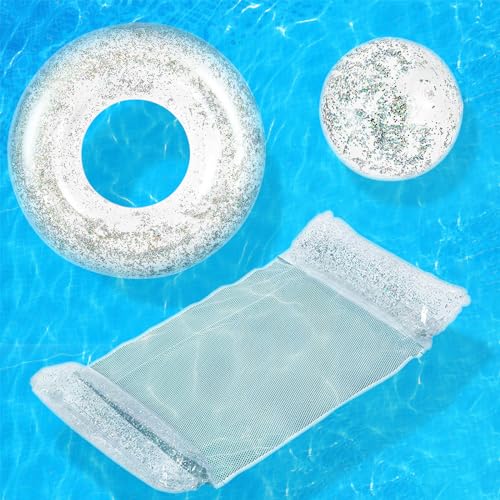 JORAKI Pool Spielzeug Luftmatratze Pool Schwimmring Wasserbälle, Aufblasbare Wasserspielzeug mit 1 Glitzer Schwimmreifen 1 Strandball und 1 Wasserhängematte, Pool Zubehör Spaß für Erwachsene Kinder JORAKI Pool Spielzeug Luftmatratze Pool Schwimmring Wasserbälle, Aufblasbare Wasserspielzeug mit 1 Glitzer Schwimmreifen 1 Strandball und 1 Wasserhängematte, Pool Zubehör Spaß für Erwachsene Kinder von JORAKI