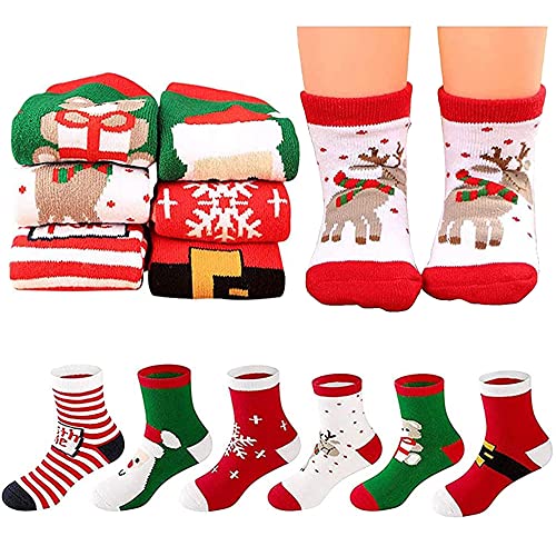 Weihnachten Socke Kinder, 6 Paar Socke Jungen Mädchen Weihnachtssocken Kleinkind Baby Socken Santa Baumwolle Cartoon Unisex Winter Warme Socken für Kinder S von JORAKI