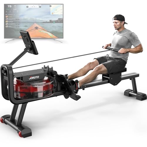 JOROTO Rudergerät für zuhause, Rudermaschine Klappbar mit Wasserwiderstand, 150kg Gewichtskapazität Rowing Machine mit Bluetooth-Funktion, Ipad-Halterung von JOROTO