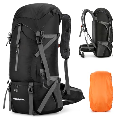 Wanderrucksack 70L für Herren und Damen, Ultraleichter Trekkingrucksack Reiserucksack Großer Wasserdichter Wandern Rucksack mit Regenhülle für Camping, Trekking, Bergsteigen, Outdoor, Reisen (Schwarz) Wanderrucksack 70L für Herren und Damen, Ultraleichter Trekkingrucksack Reiserucksack Großer Wasserdichter Wandern Rucksack mit Regenhülle für Camping, Trekking, Bergsteigen, Outdoor, Reisen (Schwarz) von JOVELL