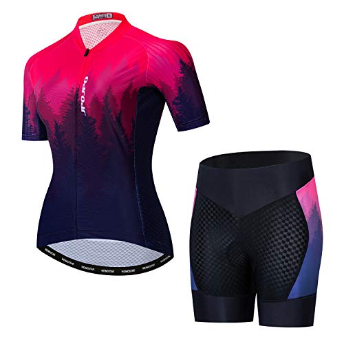 Damen Radtrikot Set Rot Kurzarm + 5D gepolsterte Fahrradhose Reflektierende 4 Taschen S-3XL von JPOJPO