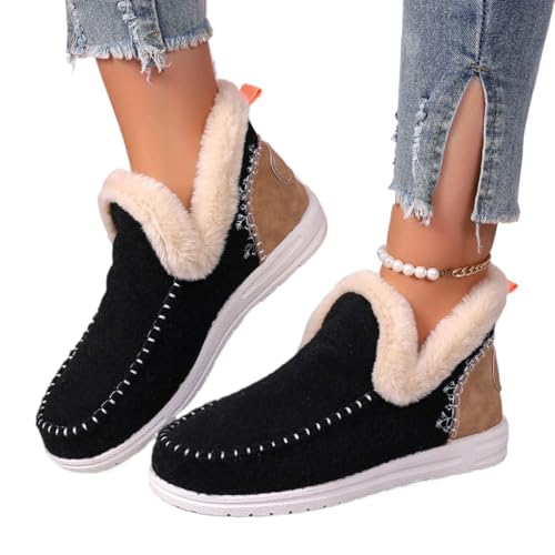 JPSSJGYH Mit Plüsch gefütterte Flache Winterschuhe für Damen, warme Winterstiefeletten, rutschfeste Schneestiefeletten (Black,36) von JPSSJGYH