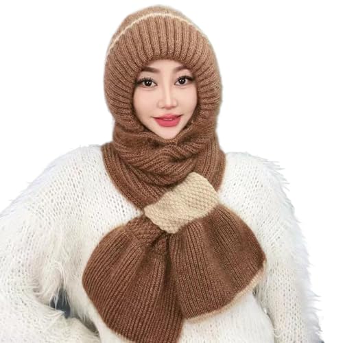 JPSSJGYH Winddichter Mützenschal mit integriertem Ohrenschutz, Warmer Winterschal aus Strick, vielseitiger gestrickter Kapuzenschal (Brown,One Size) von JPSSJGYH