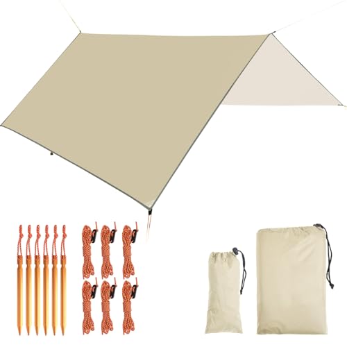 Tarp, Zeltplane für Hängematte, 3m x 3m Wasserdicht Tarp mit Ösen + 6 Erdnägel+ 6 Seilen, Regenschutz Sonnenschutz Hammock Zeltunterlage für Ourdoor Camping von JPSUUB