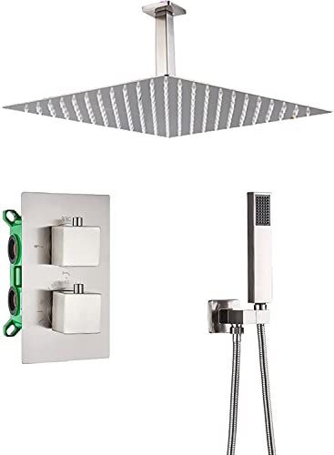 Duschsystem mit Thermostat, Duscharmatur-Set, gebürstetes Nickel, Regendusche-Kombi-Set, 2 Funktionen, Wannen- und Duschverkleidungsset mit Handbrause und Regenduschkopf zur Deckenmontage, 12 Zoll von JQQJZLC