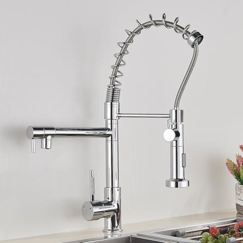 JQQJZLC Spring Kitchen Sink Faucet Pull-Down-Spray Einhebel-Warm- und Kaltmischhahn Geeignet für Küchenspüle Doppelauslauf-Wasserhahn (Gold XPT) von JQQJZLC