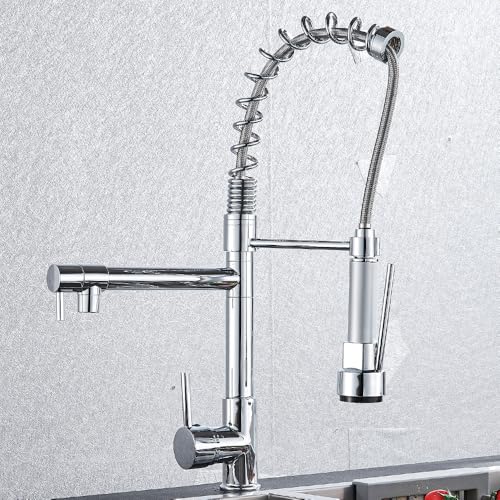 JQQJZLC Spring Kitchen Sink Faucet Pull-Down-Spray Einhebel-Warm- und Kaltmischhahn Geeignet für Küchenspüle Doppelauslauf-Wasserhahn (Gold XPT) von JQQJZLC