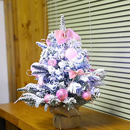 SAKURACD Beleuchteter künstlicher Miniatur-Weihnachtsbaum für den Tisch, künstlicher Kiefern-Weihnachtsbaum mit Schneeflocken, Weihnachtsbaum für den Schreibtisch mit Sackleinen-Sockel, Rosa, 50 cm von JQQJZLC