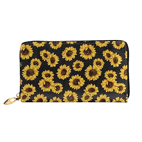 Ledergeldbörsen für Damen, goldene Sonnenblumen, bedruckt, großes Fassungsvermögen, Kartenhalter, Damengeldbörse mit mehreren Kartenfächern, lange Damengeldbörse mit Reißverschlussfach, 19 x 10,5 cm, von JRBWTDBW