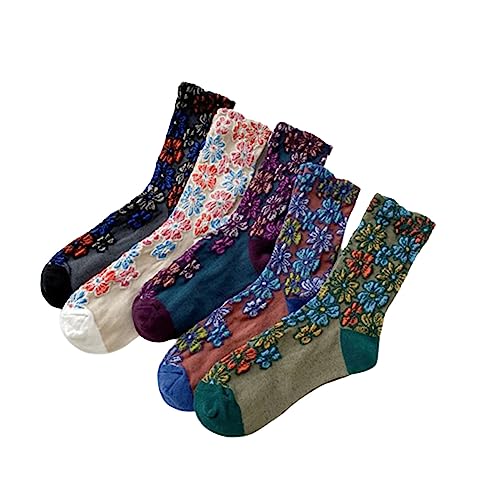 Damen-Baumwollsocken mit Blumenmuster, Vintage-gemusterte Crew-Socken, Vintage-gestickte Blumensocken, 5 Paar Damen-Baumwollsocken mit Blumenmuster von JRIDYJ