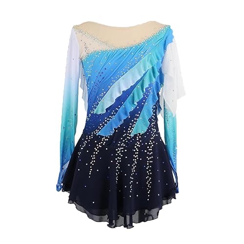 JRUIA Blau,7_10Years,Eiskunstlauf Kleid Für Damen Gradient Mädchen Hakenfinger Langarm Design Professionelles Eislauf Wettkampf Kostüm Gymnastikanzugbekleidung von JRUIA