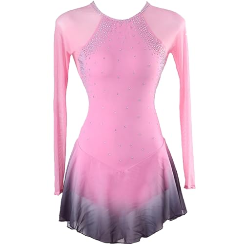 JRUIA Eiskunstlauf Performance Kleid Für Mädchen Eislauf Trainingshose Für Damen Farbverlauf Rollschuh Kleider Elastischer Gymnastikanzug Aus Netzgewebe Lange Ärmel,Rosa,7_10Years von JRUIA