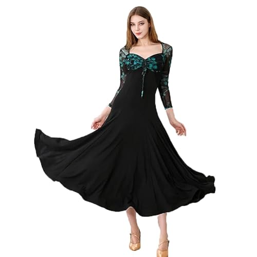 JRUIA Grün,XXL,Bedruckte Ballsaal Tanzkleider Für Damen Flamenco Walzer Salsa Outfit Nationales Standard Tanzkleid Glatter Eisseidenrock Dehnbares Tango Auftrittskostüm von JRUIA