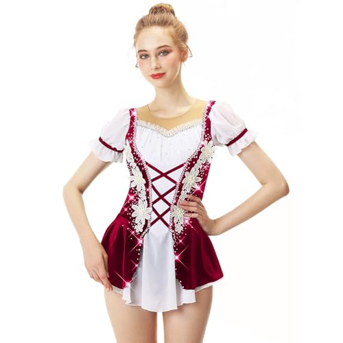 JRUIA Modisches Eiskunstlauf Performance Kleid Für Mädchen Eislaufrock Für Damen Kurzarm Handgefertigtes Ballett Wettbewerbskostüm Aus Netzstoff Mit Applikationen,Rot,4_6Years von JRUIA