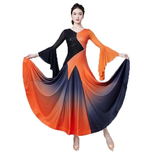 JRUIA Orange,XL,Gesellschaftstanz Für Damen Tanzkleider Farbverlauf Trompetenärmel Walzer Modern Wettkampf Tanzkleidung Flamenco Übungsrock Nationale Standard Tanzkleidung von JRUIA