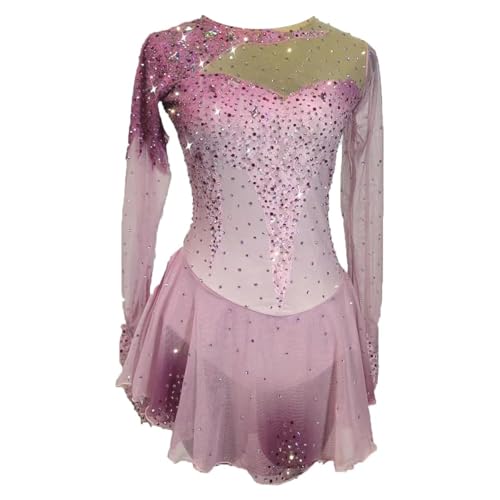 JRUIA Professionelles Eiskunstlaufkleid Für Kinder Langärmliges Eislaufkostüm Für Mädchen Ballett Gymnastikanzug Aus Glänzendem Kristall Hohe Elastizität,Rosa,12_15Years von JRUIA