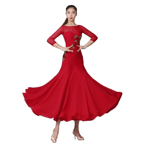 JRUIA Rot,3XL,Klassischer Gesellschaftstanz Tanzkleid Für Frauen Zum Training Tanzkleider Mit Stickereien Für Walzer Und Tango A-Linie Elegantes Foxtrott Kostüm Für Moderne Aufführungen von JRUIA