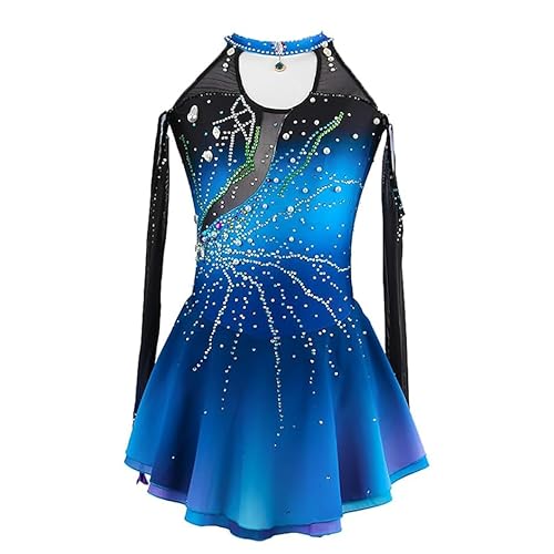 JRUIA Skating Kostüm Der Dame Blaues Halofärben Figur Eislaufwettbewerb Tanzkleider Für Mädchen Glänzender Strass Künstlerische Ballett Gymnastik Trikots,Blau,11/13 von JRUIA