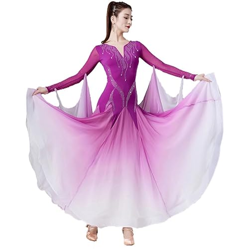 JRUIA Standard Ballsaal Tanzkleider Für Damen Modisches Flamenco Walzer Auftrittskostüm Mit Farbverlauf Langärmliges Tango Flamenco Tanzoutfit Aus Netzstoff Strasssteine,B,L von JRUIA