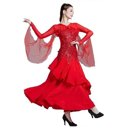 JRUIA Standard Kleider Für Gesellschaftstanz Exquisite Kostüme Für Damen Für Walzer Tango Wettbewerbe Langärmlige Moderne Tanzkleidung Für Auftritte Großer Lotusblatt Schwung,Rot,XL von JRUIA