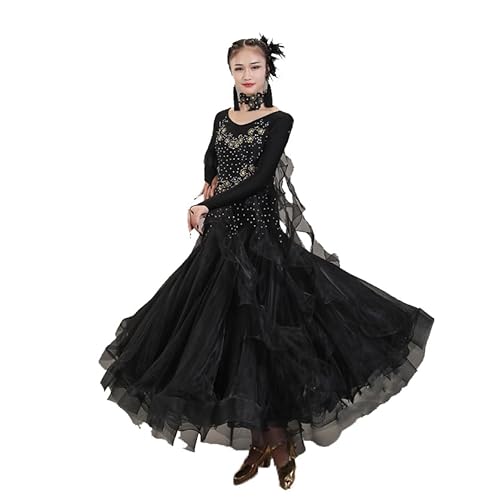 JRUIA Stickerei Ballsaal Wettbewerb Tanzkleider Für Frauen Mesh Spleiß Langarm Flamenco Walzer Leistung Tanz Outfit Foxtrott Tango Kostüm Strass,F,S von JRUIA