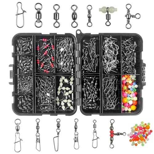 JSHANMEI 170 Stück Angelwirbel Snaps Kit Edelstahl Barrel Wirbel Snap Wirbel Angelperlen 3-Wege-Wirbel Kugellager Wirbel für Süßwasser Salzwasser Angelzubehör Tackle Box JSHANMEI 170 Stück Angelwirbel Snaps Kit Edelstahl Barrel Wirbel Snap Wirbel Angelperlen 3-Wege-Wirbel Kugellager Wirbel für Süßwasser Salzwasser Angelzubehör Tackle Box von JSHANMEI