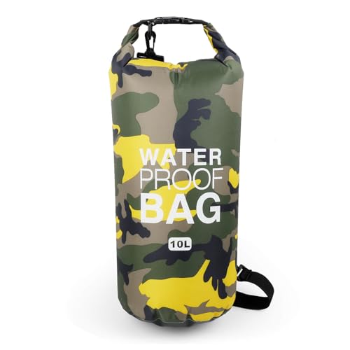 JSRHEEM Dry Bag - 10L 20L 30L Wasserdichter Packsack mit Verstellbarer Schultergurt, Wasserdichter Beutel Schwimmen, Rafting, Camping, Angeln, Bootfahren, Wandern, Kajakfahren (Gelb, 10L) von JSRHEEM