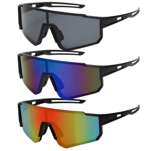 JSTHHTT 3 Stück Sport Sonnenbrille, Polarisiert Fahrradbrille, Fahrradbrille Winddicht, Schnelle Brille, Schnelle Brille Rave, Radfahrer Brille für Herren Damen UV400 Schutz für Outdooraktivitäten von JSTHHTT