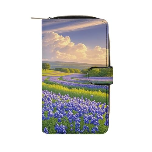 JTREWBV Bluebonnets Geldbörse aus PU-Leder, mit Reißverschluss, Kreditkartenhalter, Reise-Geldbörse, Damen-Clutch mit Ausweisfenster, Bluebonnets Scenery, 19.7x11x3.5cm, Modern von JTREWBV