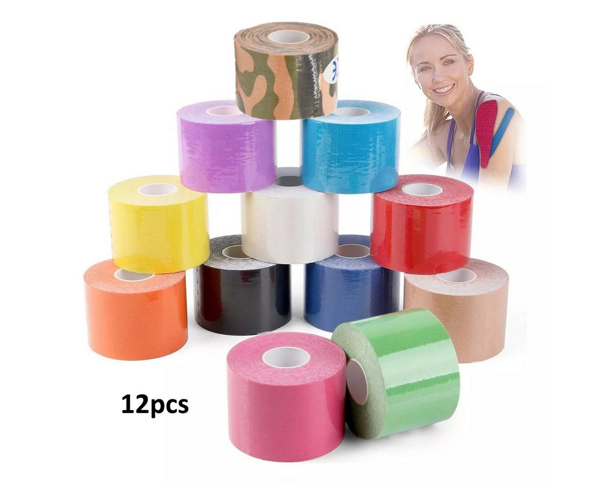 JUBOUEL Kinesiologie-Tape Tape 12 Rollen Viele Farben Elastisch Wasserfest Hautfreundlich (Sporttape 5 m x 5 cm Physio Muskel Tape Set, 12-St., 12 Rollen Misch-Set, selbstklebende Fitness Bandage) Physio-tape optimal für Sport & Alltag von JUBOUEL