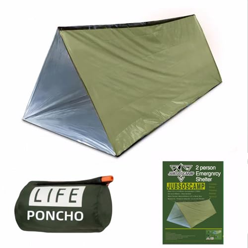 JUBSOSCAMP 1 x Notfallzelt, Polyesterfolie, Sturmschutz, Überlebensschutz für 2 Personen, Auto, Camping, Wandern und Outdoor-Überlebens-Kits (150 x 250 cm) (grün + Tasche mit Kordelzug) von JUBSOSCAMP