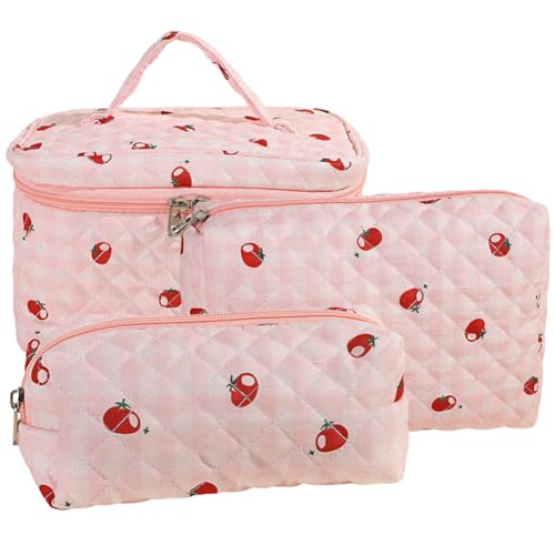 JUCHRZEY 3 teiliges Make up Taschen Kosmetiktaschen Set für Mädchen und Frauen Gesteppte Kosmetiktasche aus Baumwolle niedliche Reise Kulturtasche Reise Hautpflegetasche aus Baumwolle von JUCHRZEY