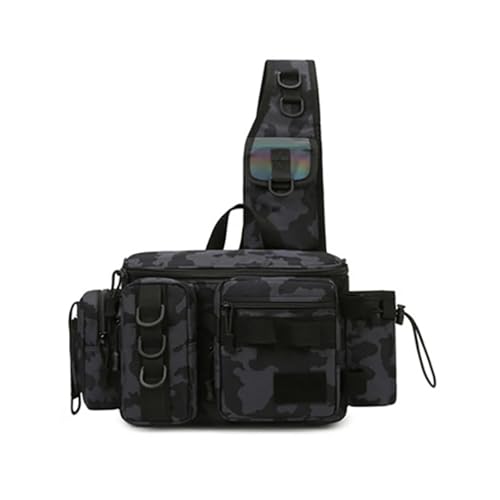 Rutentasche Angelgerät Rucksack Locken Box Getriebe Lagerung Tasche Fanny Pack for Männer Fliegen Angeln Rucksack Mit Rute Halter Sling Schulter Tasche Rutentaschen(Black and Grey) von JUNLEIXIEYE