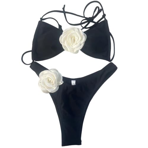 JUNNASALIKER Zweiteiliger Damen-Badeanzug, 3D-Blumen-Badeanzug, hoher Schnitt, Push-Up, geteilte Badebekleidung für Strandkleidung von JUNNASALIKER