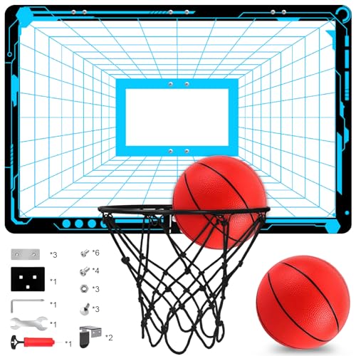 JUOIFIP Großes 26" x 17" Basketballkorb Indoor Set, Basketballkorb für Kinder, Basketballkorb mit Pumpe, Basketballball und Anderem Zubehör für Haustüren, Wände, Büros, Blau von JUOIFIP