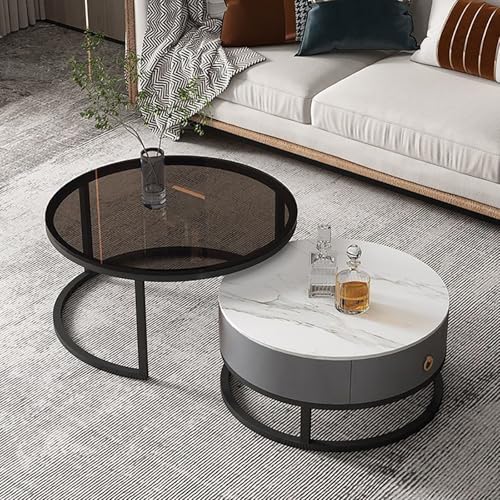 Moderne runde Nesting Couchtisch Set von 2 mit Schubladen Faux Marmor Top und Metall Rahmen Stilvoller Kreis Stapelbarer Couchtisch für Büro oder Schlafzimmer groß 70 x 45 cm und kleine 50 x 40 cm von JWBXFYXW