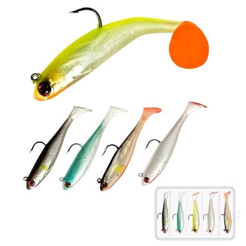 JXCTNNU Kunstköder Gummiköder 5 Stück Angelköder Gummifische mit Haken Köder Set Gummifische Fische Angeln Forelle Zander & Barsch Köder Jigköpfe mit Kasten Geschenke für Männer Frauen (8.5CM) von JXCTNNU