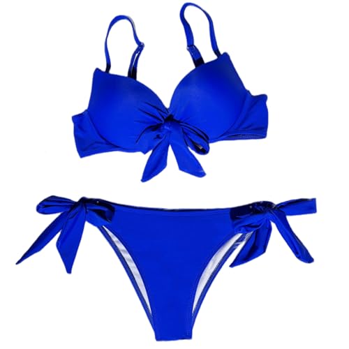 JYYAU Bikini Damen Set Vorne Bogenknoten Push Up Bikinis Zwei Teile Solide Badeanzug Krawatte Bikini Bademode Biquini Conjunto De Bikini-royal Blue-XL von JYYAU