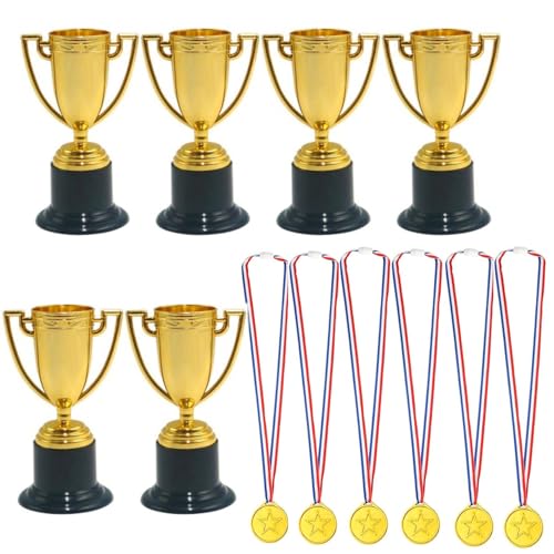JZK 6 x Kunststoff-Trophäe und Medaillen, Gewinner-Set, Mini-Kunststoff-Trophäenbecher für Kinderpartys, Sportauszeichnungen, Partytütenfüller für Fußball, Baseball, Basketball, Rugby-Spielpreise von JZK