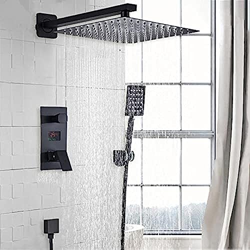 JZLUCAJJ Badezimmer-Dusche, 2 Funktionen, schwarzes digitales Duscharmaturen-Set, Regenduschkopf, 2-Wege-Digitalanzeige-Mischbatterie, Duschmischer, 16 Zoll, 8 Zoll, Sprinkler von JZLUCAJJ