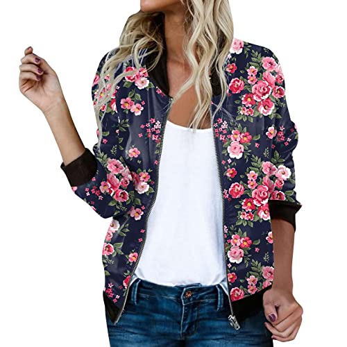 Blouson Damen Sommer, Blouson Jacke Damen Bomberjacke - Sommer Blumen Fliegerjacke Leichte Reißverschluss Stehkragen Outwear Kurz Coat Herbst Frühling von Jabidoos