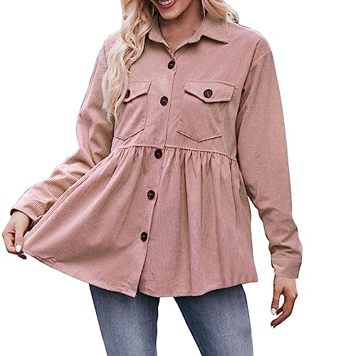 Cord-Hemd, Cordjacke Damen Tasche Cordhemd - Übergangsjacken Knöpfen Longbluse Lang Hemdjacke Winter Langarmshirt Jacke Übergangsjacke Elegant Langarm Shirt Mantel von Jabidoos